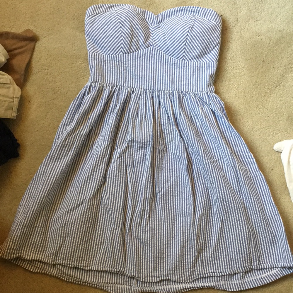 Blue and white strapless dress
